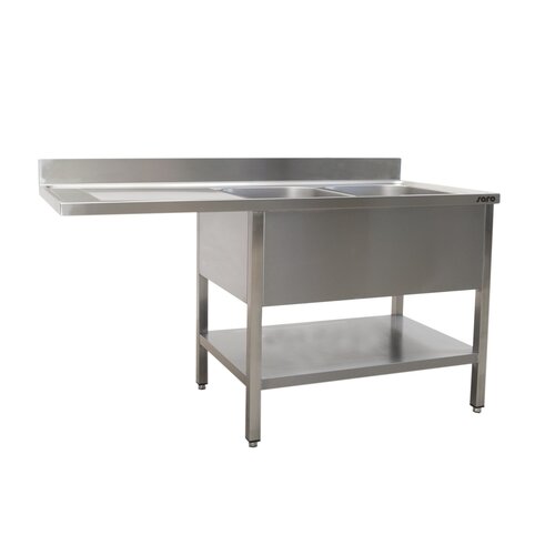 Saro Table de Rinçage + Etagère Basse Inox | Rebord | 2 éviers à droite | Table de Travail flottant | Modèle soudé | 600mm de Profondeur | Disponible en 3 Longueurs