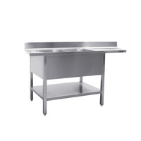 Table de Rinçage + Etagère Basse Inox | Rebord | 2 éviers à gauche| Table de Travail flottant | Modèle soudé | 600mm de Profondeur | Disponible en 3 Longueurs