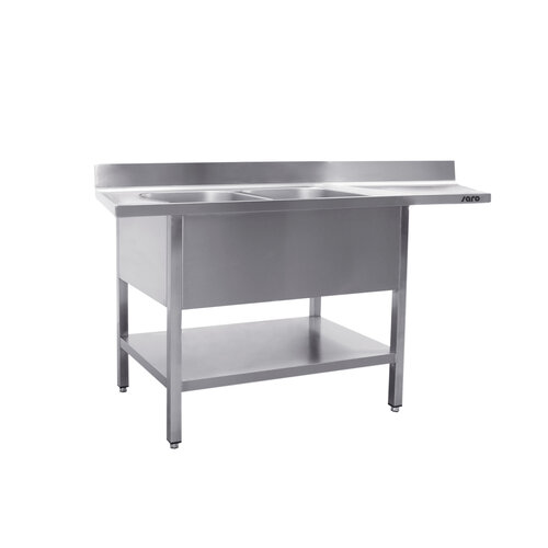 Saro Table de Rinçage + Etagère Basse Inox | Rebord | 2 éviers à gauche| Table de Travail flottant | Modèle soudé | 600mm de Profondeur | Disponible en 3 Longueurs