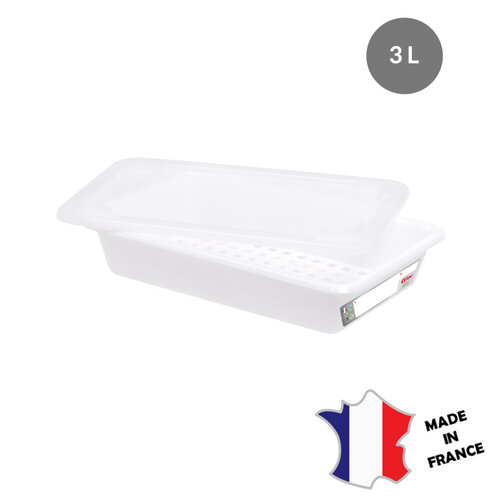 GILAC Bac plat 3 L | HACCP | blanc + couvercle + grille | 350(l)x240x80mm | Lot de 5