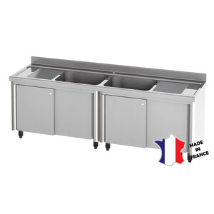 Sofinor Meuble plonge rayonne | Inox | 2 bacs | 2 égouttoirs | sur verins | 2400(l)x700x900mm