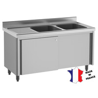Meuble plonge rayonne | Inox | portes et parois doubles | 2 bacs | égouttoir à droite | 1600(l)x700x900mm