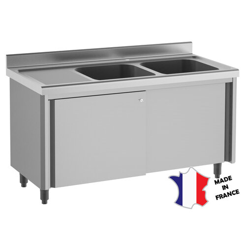 Sofinor Meuble plonge rayonne | Inox | portes et parois doubles | 2 bacs | égouttoir à droite | 1600(l)x700x900mm