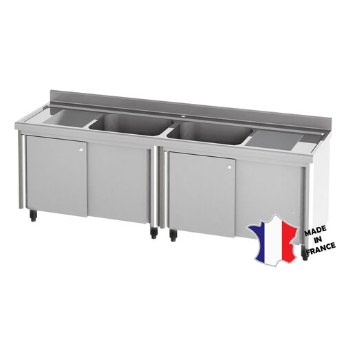 Sofinor Meuble plonge rayonne | Inox | portes et parois doubles | 2 bacs | 2 égouttoirs | 2400(l)x700x900mm