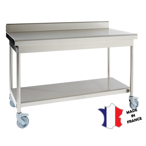 Sofinor Table démontable rayonnee | Inox | à dosseret | avec étagère basse | pieds ronds | 700(l)x700x900mm | sur roulettes polyamide Sofinor Table démontable rayonnee | Inox | à dosseret | avec étagère basse | pieds ronds | 700(l)x700x900mm | sur roulettes polyamide