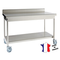 Table démontable rayonnee | Inox | à dosseret | avec étagère basse | pieds ronds | 700(l)x700x900mm | sur roulettes polyamide