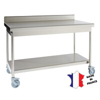 Table démontable rayonnee | Inox | à dosseret | avec étagère basse | pieds ronds | 800(l)x800x900mm | sur roulettes polyamide