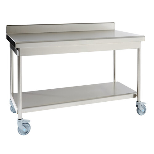 Sofinor Table démontable rayonnee | Inox | à dosseret | avec étagère basse | pieds ronds | 800(l)x800x900mm | sur vérins inox