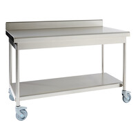 Table démontable rayonnee | Inox | à dosseret | avec étagère basse | pieds ronds | 800(l)x800x900mm | sur vérins inox