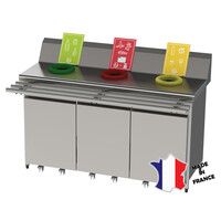 Meuble de pré-tri | 3 trous vide déchets dont 1 avec pesée | 1600(l)x600x900mm | roulettes inox