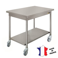 Table demontable standard | avec étagère basse | Inox | centrale | pieds ronds | 600(l)x600x900mm | sur roulettes polyamide