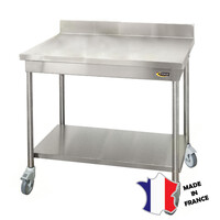 Table démontable standard | Inox | à dosseret | avec étagère basse | pieds ronds | 600(l)x600x900mm | sur roulettes inox