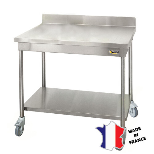 Sofinor Table démontable standard | Inox | à dosseret | avec étagère basse | pieds ronds | 700(l)x700x900mm | sur roulettes inox Sofinor Table démontable standard | Inox | à dosseret | avec étagère basse | pieds ronds | 700(l)x700x900mm | sur roulettes inox