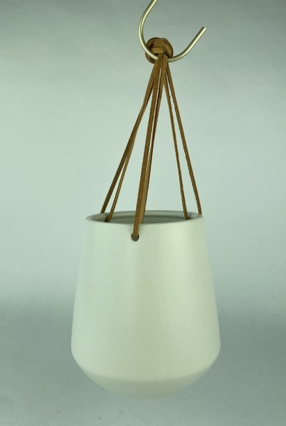 Hanging pot leather strap & ceramic D13.5x15H Matt White