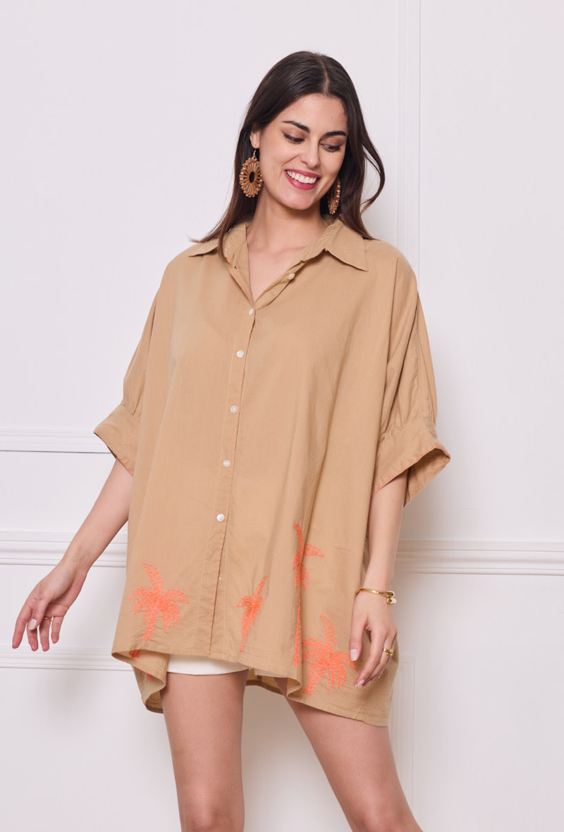 Palmtrees handmade oversized broderie blouse Beige-3