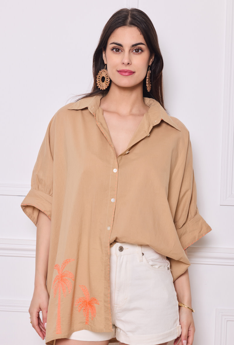 Palmtrees handmade oversized broderie blouse Beige-5