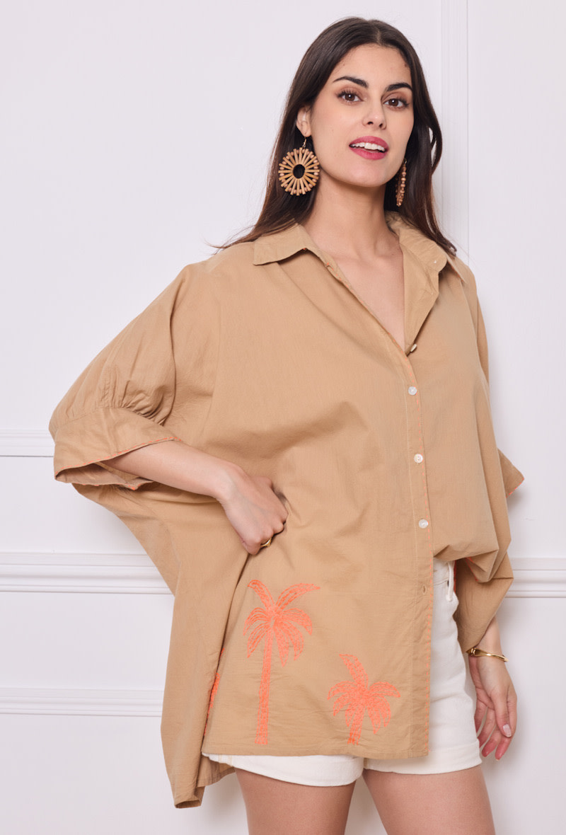 Palmtrees handmade oversized broderie blouse Beige-6