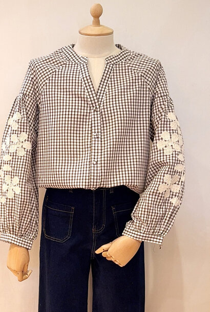 Lena check embroided  ballonsleeve Brown