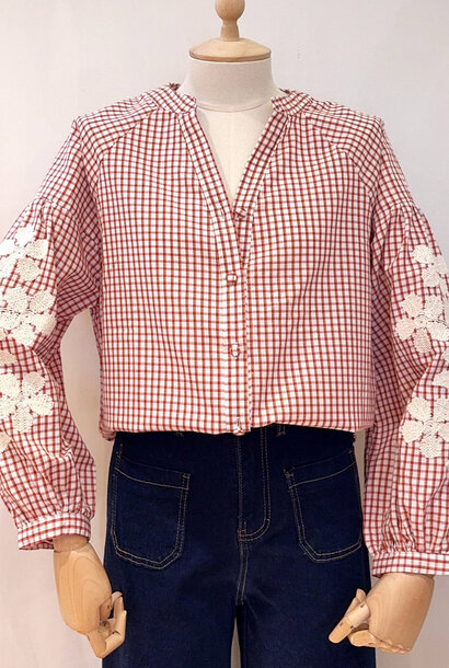 Lena check embroided  ballonsleeve Red