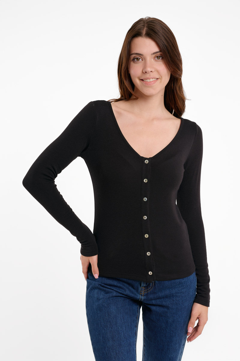 Mia soft knit buttom-up t-shirt Black-1