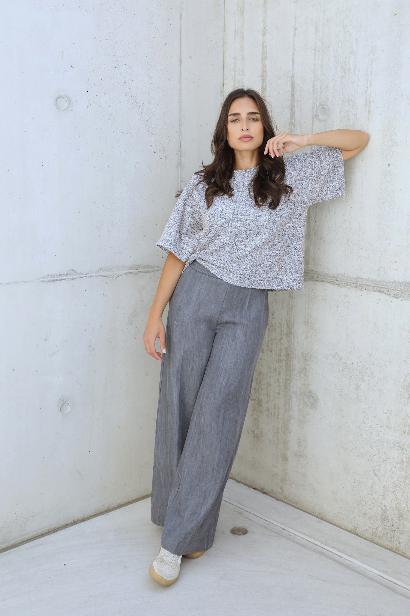 Panomi acid wash denim wide pant Grey-1