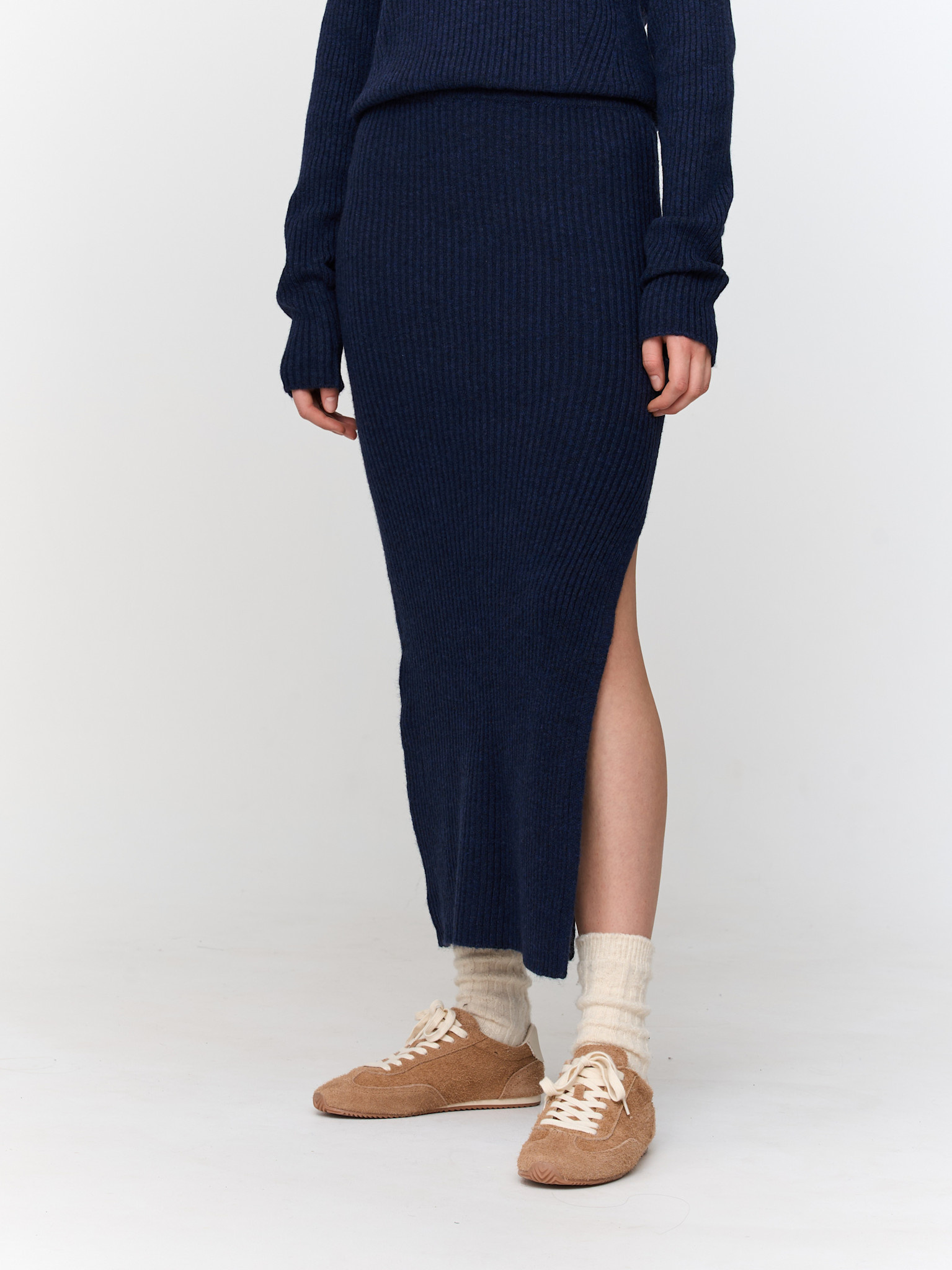 Lize rib knitted pencil skirt Marine-3