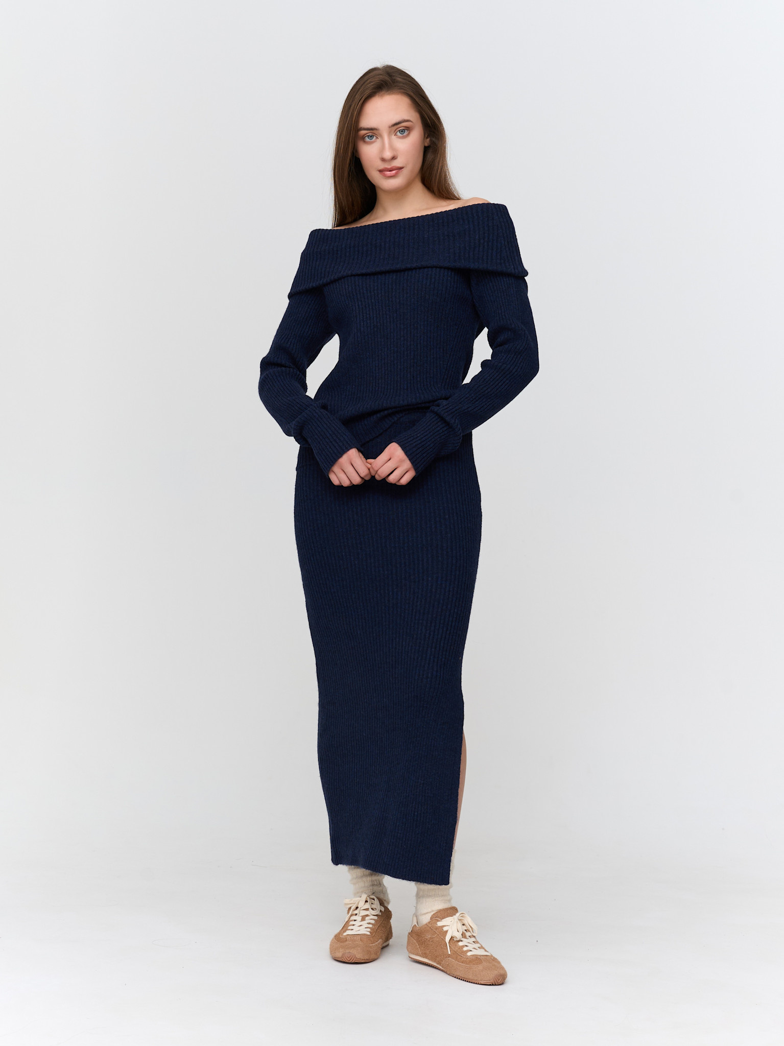 Lize rib knitted pencil skirt Marine-1