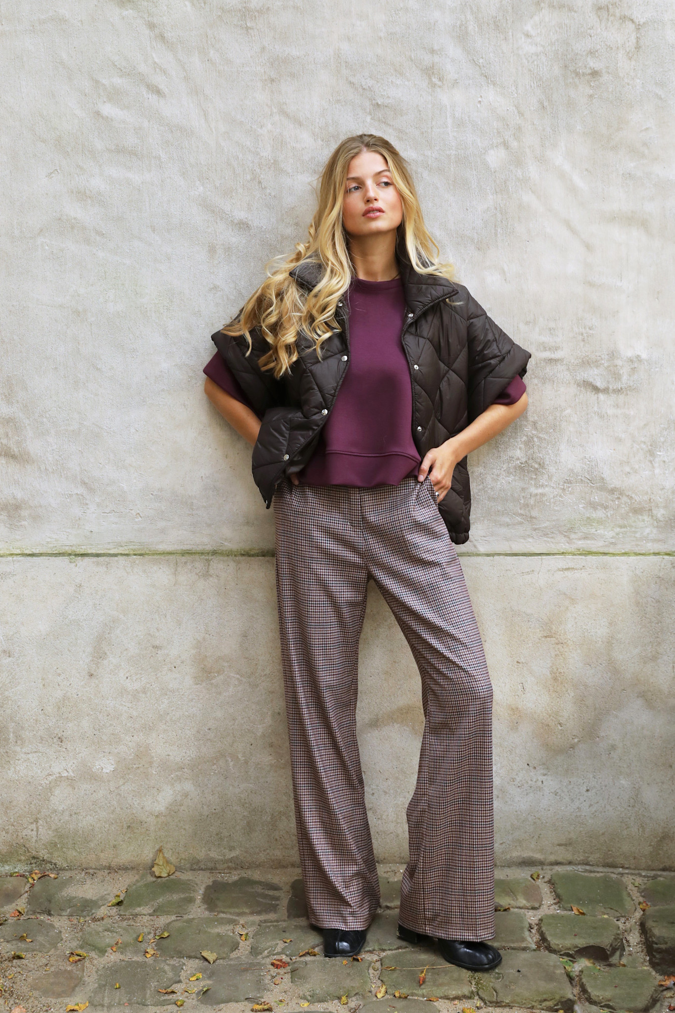 Prace checkered stretch trousser Burgundy-1