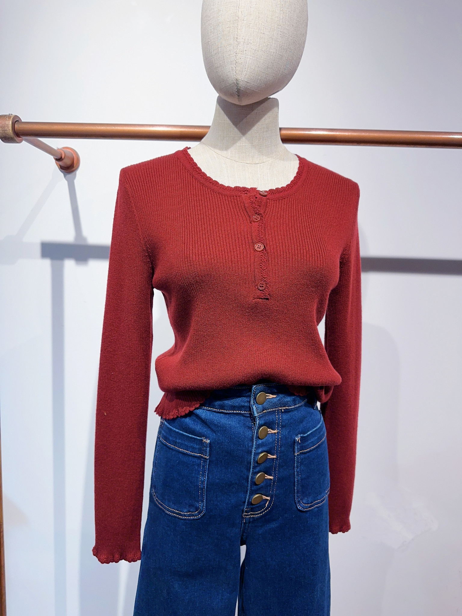 Cleo polo ruches rib t-shirt pull Burgundy-1