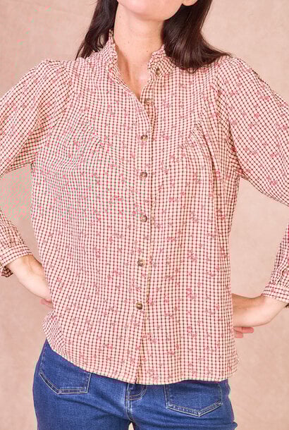 Therese checkered flower ruche blouse Burgundy