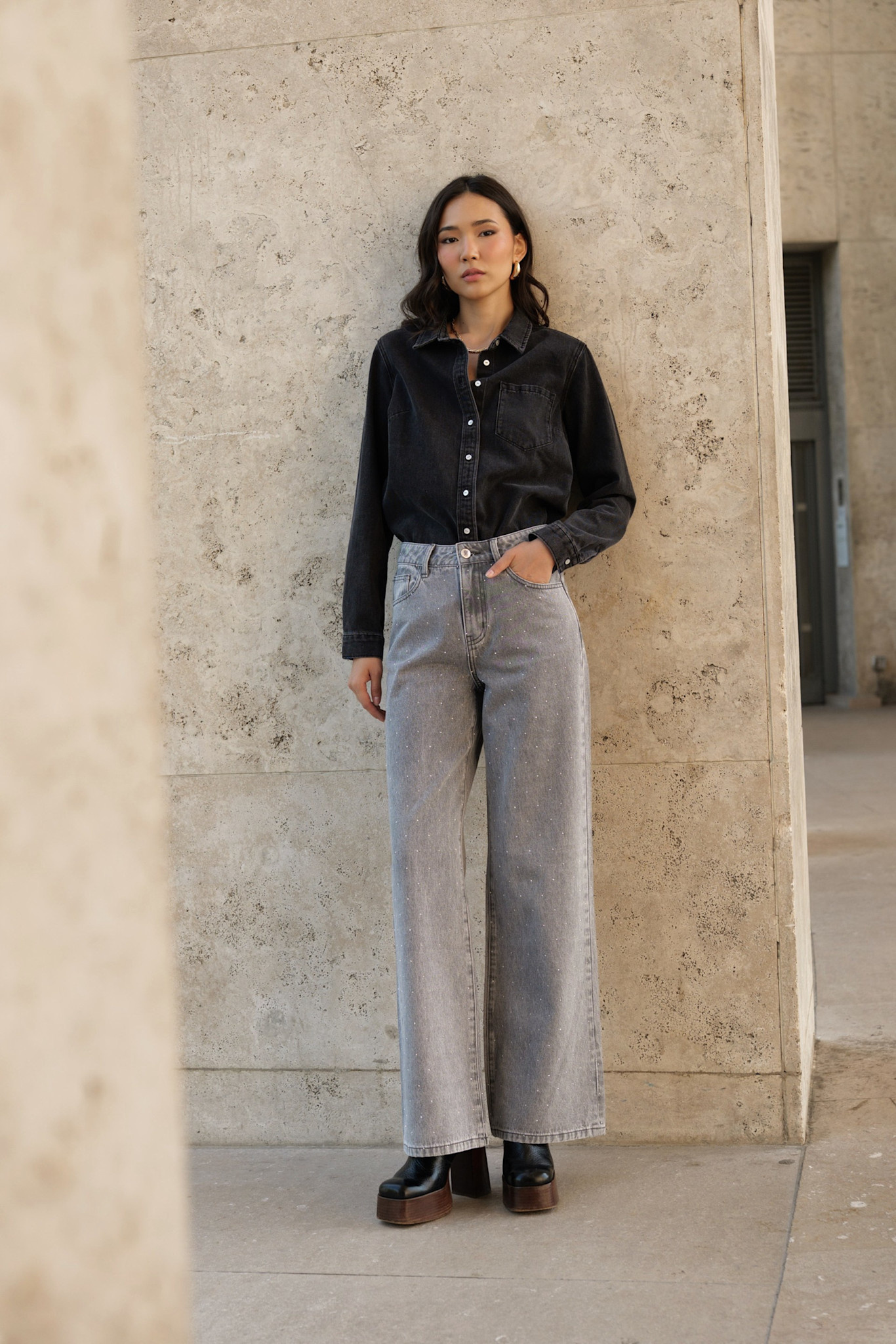 Luxor strass wide denim Light Grey-1