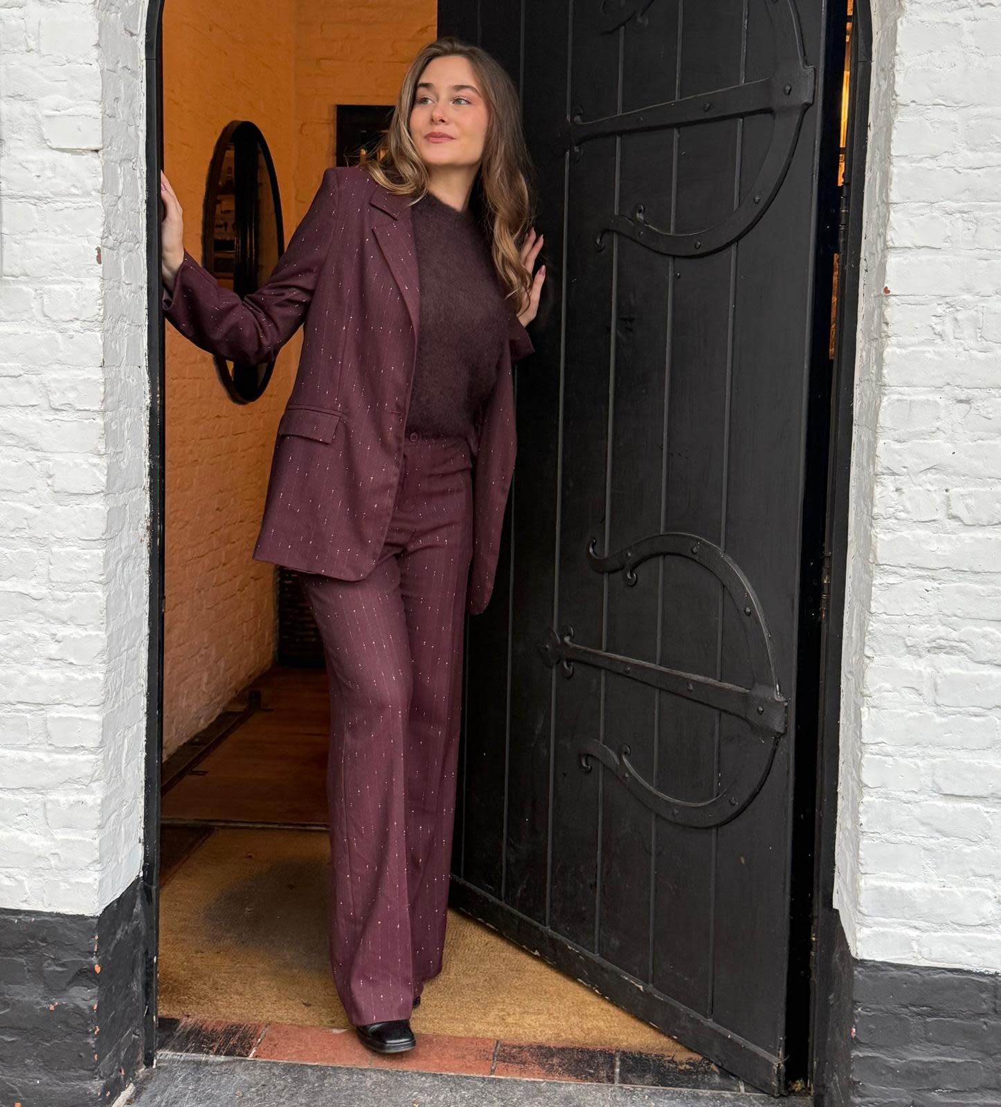 Jaru lurex bouclé pinestripe stretch blazer Burgundy-1