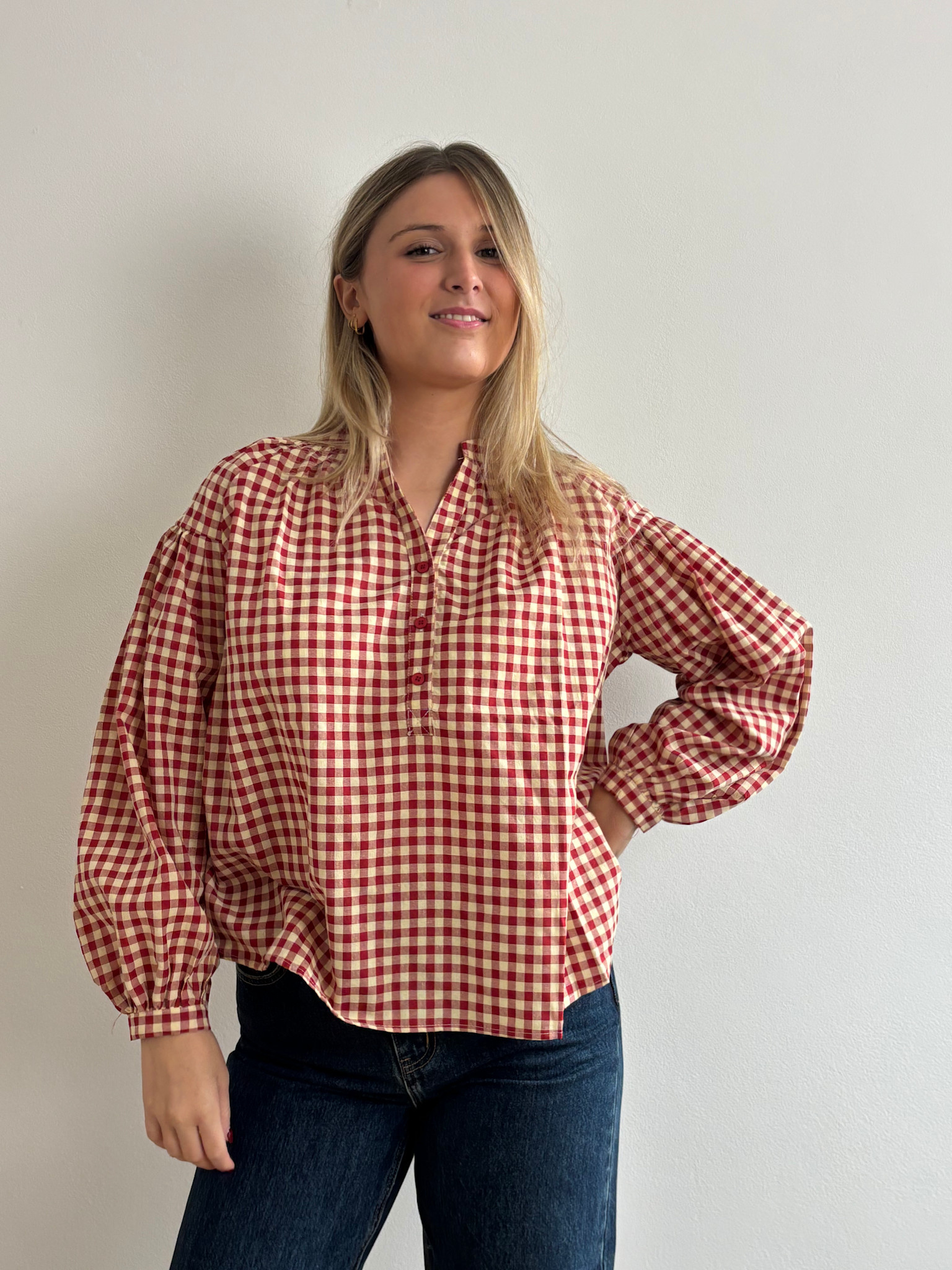 Roisin vichy ballonsleeve blouse Red-1