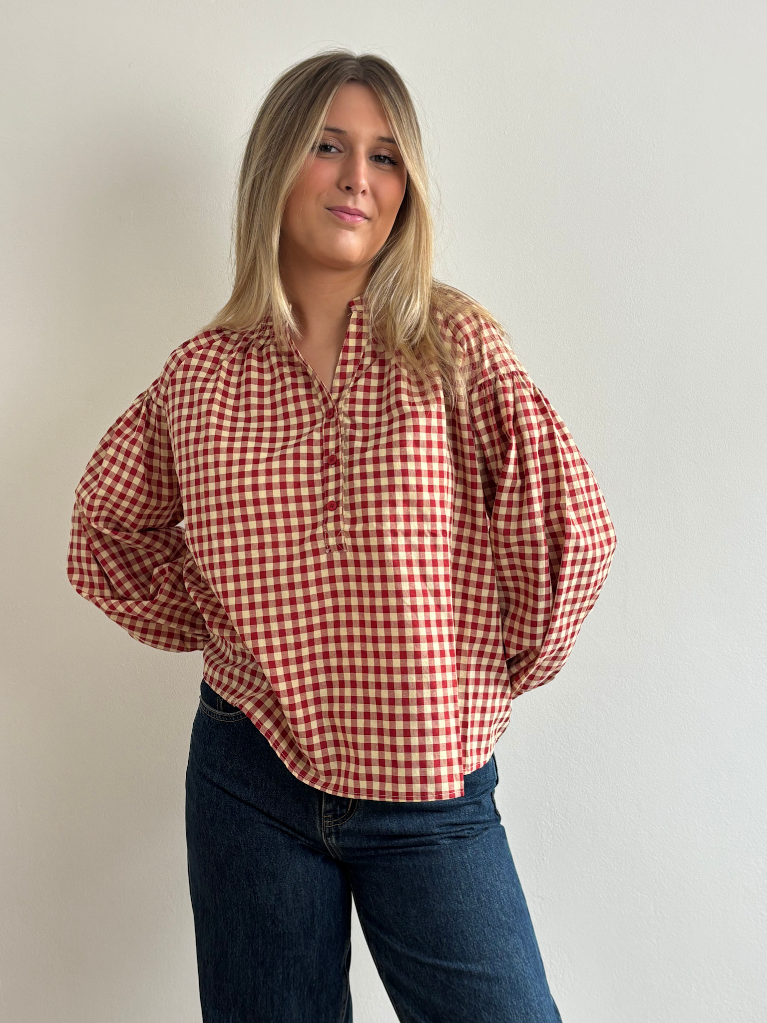 Roisin vichy ballonsleeve blouse Red-4