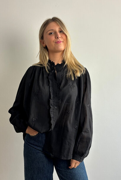 Bree coton voile broderie ruches blouse Black