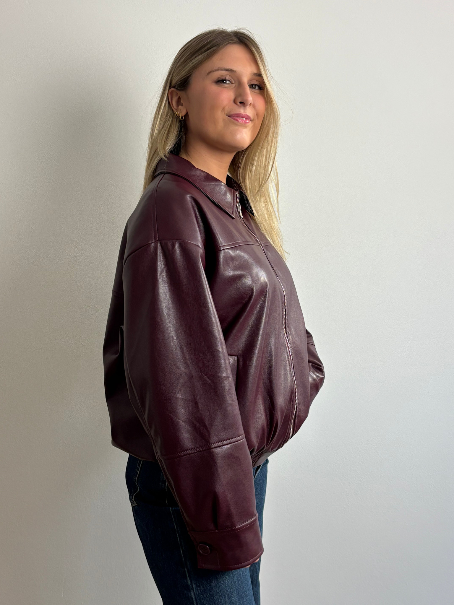 Mona leather bomber jacket Burgundy-4