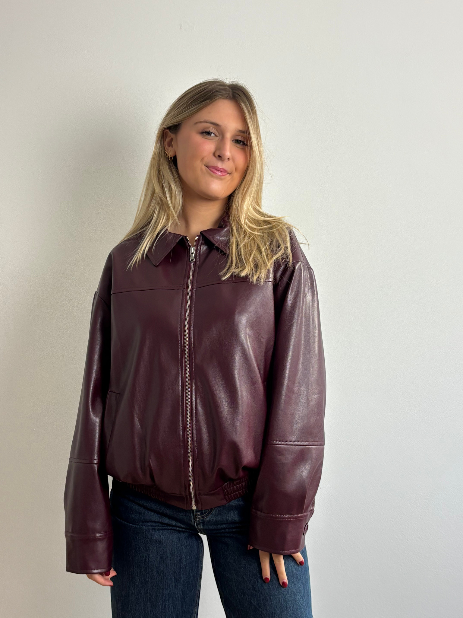 Mona leather bomber jacket Burgundy-1