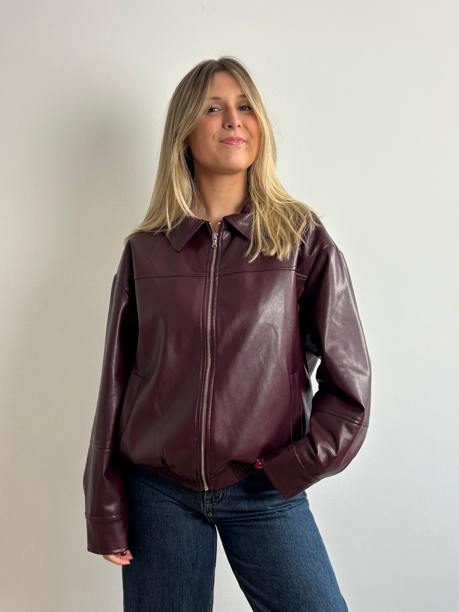 Mona leather bomber jacket Burgundy-2