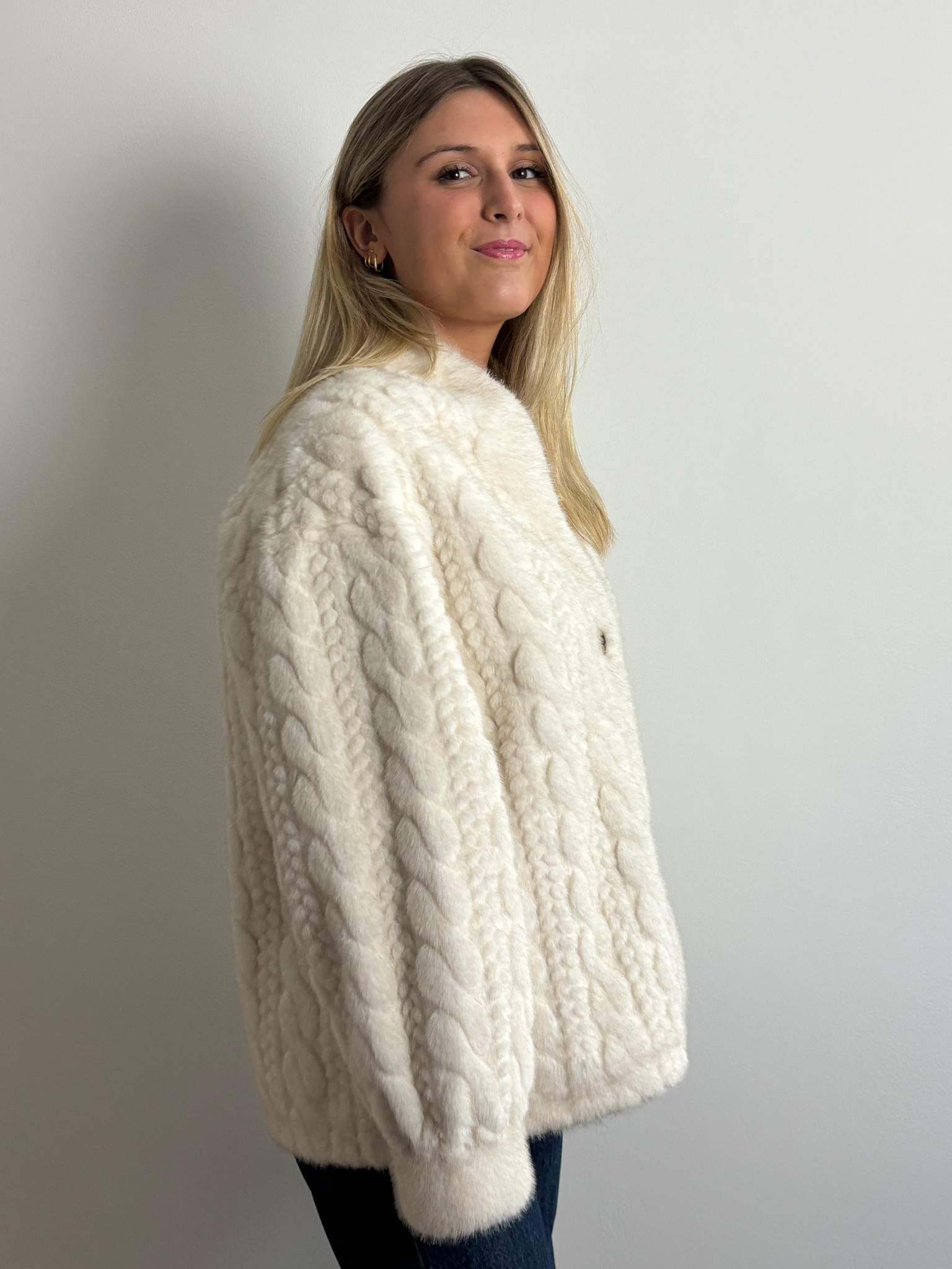 Bobiny cable faux-fur bomber jacket Beige-4