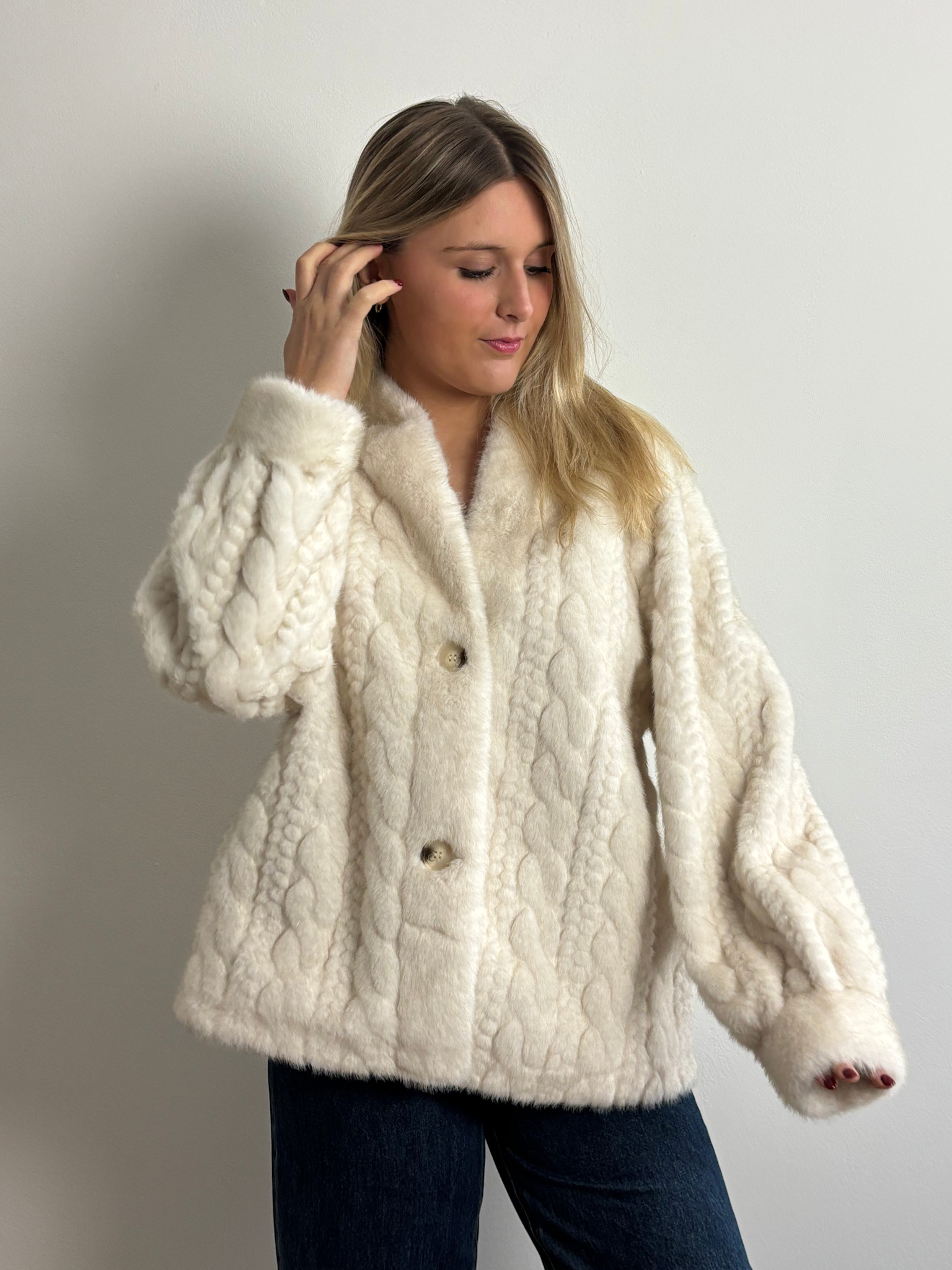 Bobiny cable faux-fur bomber jacket Beige-1