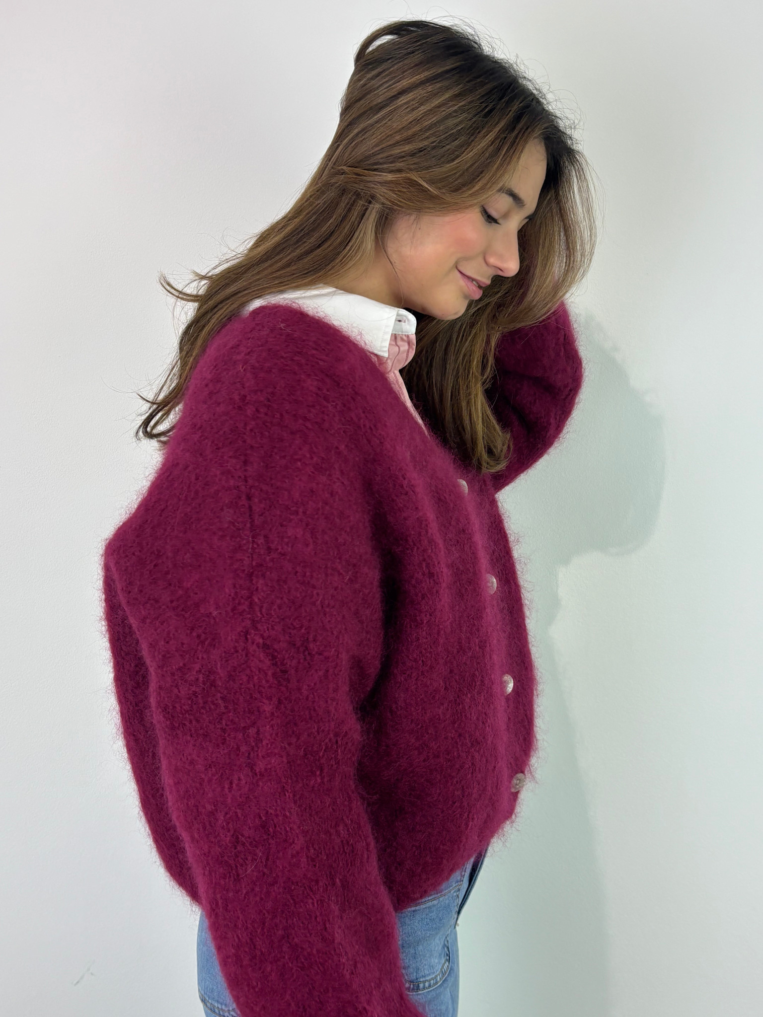 Noba oversized fluffy cardigan Burgundy-1