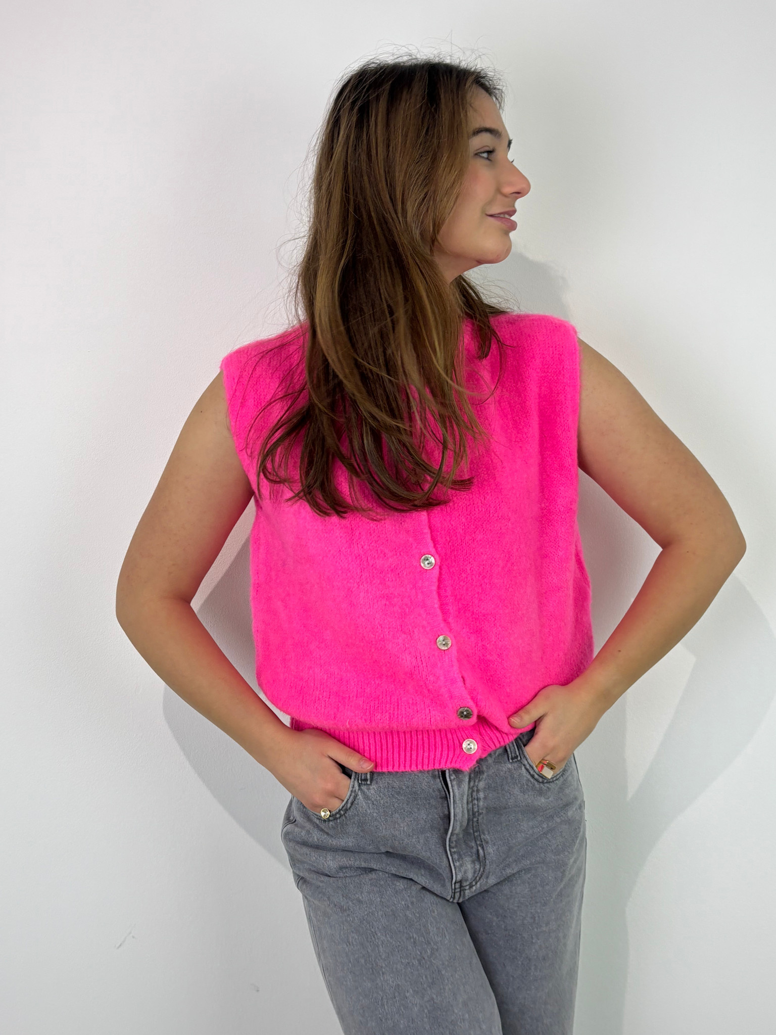 Bouna Alpaca sleeveless cardigan gilet Bright Fushia-3