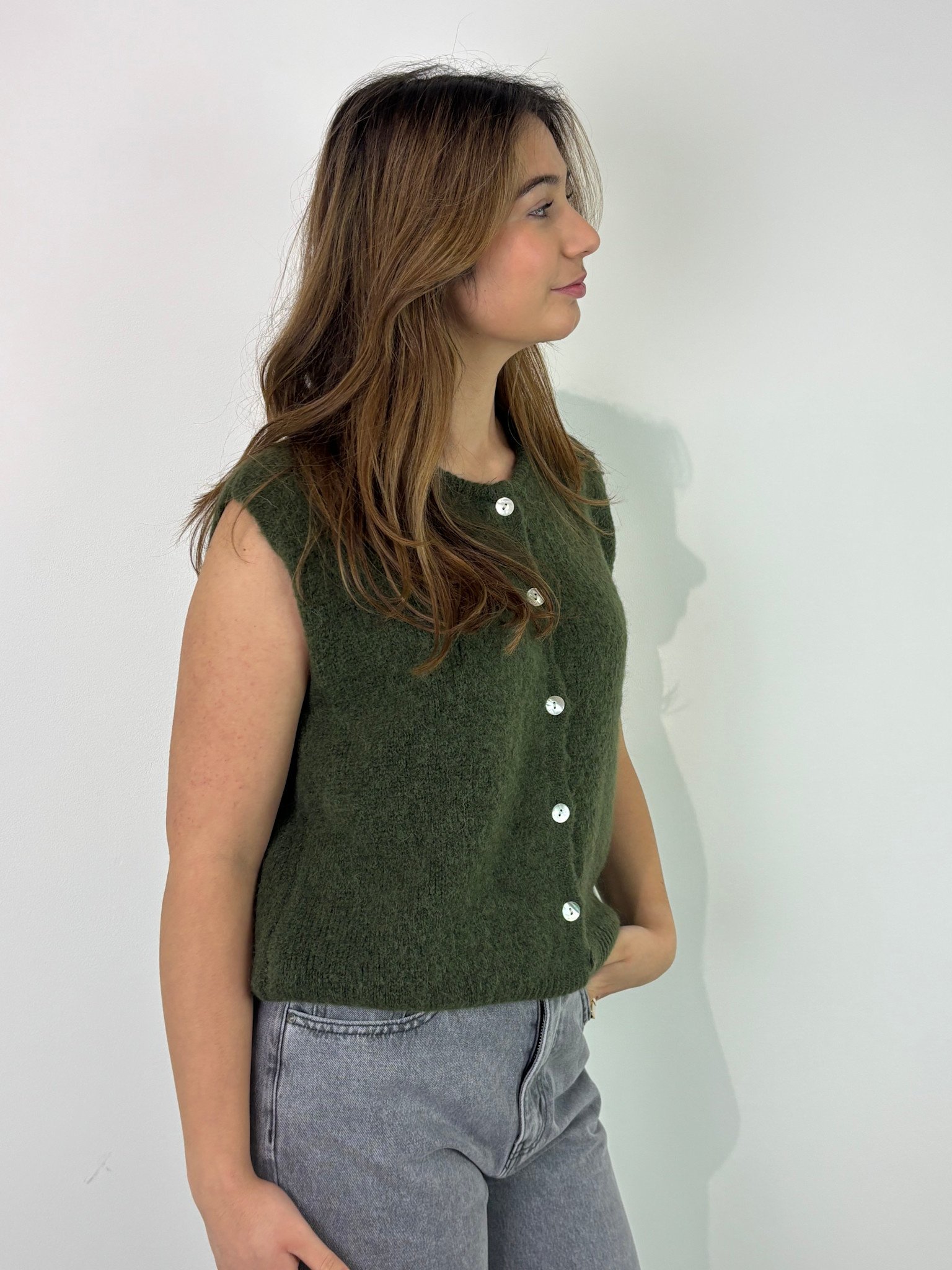 Bouna Alpaca sleeveless cardigan gilet Dark Khaki Green-2