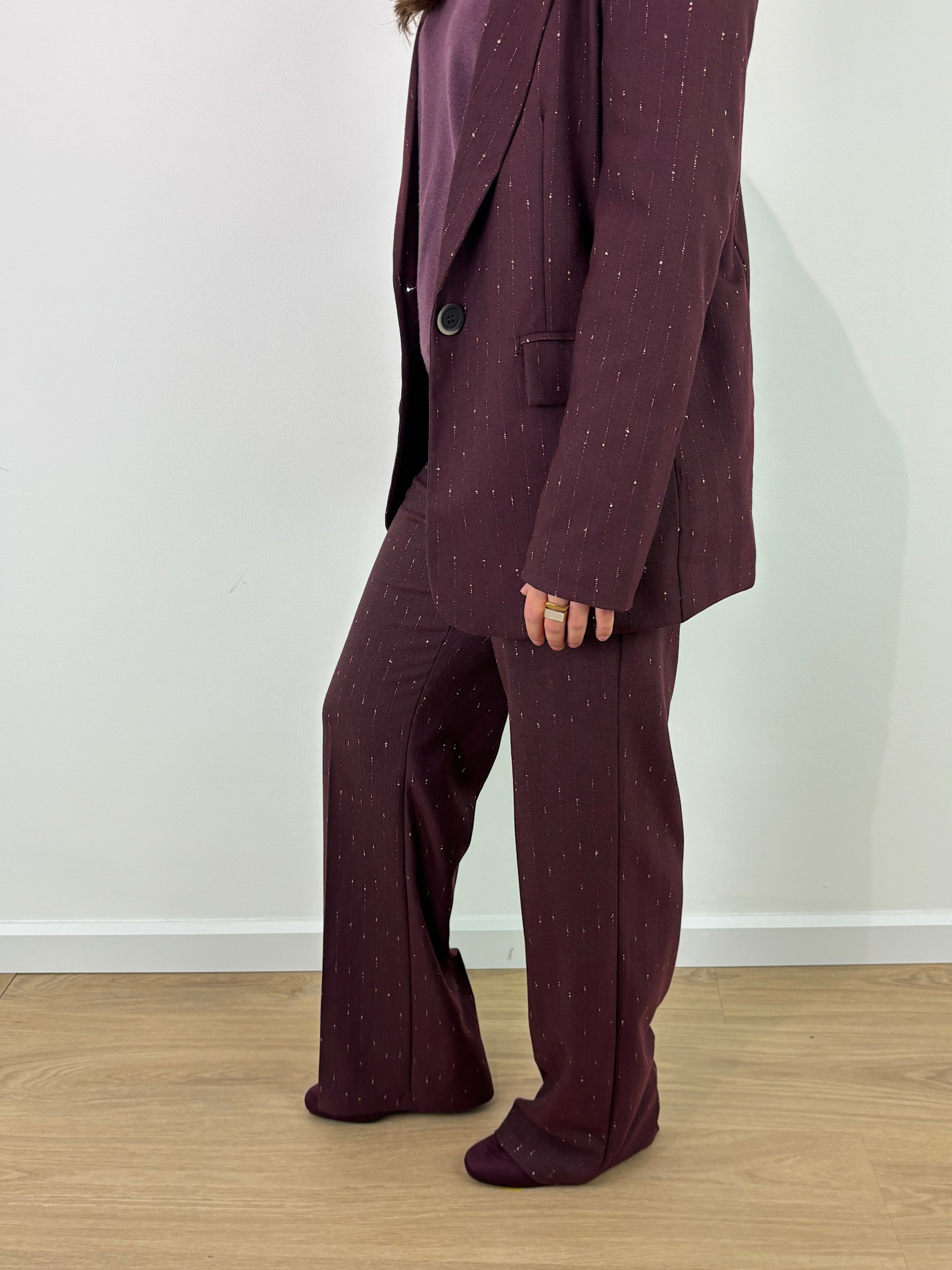 Prace lurex bouclé pinestripe trousser Burgundy-2