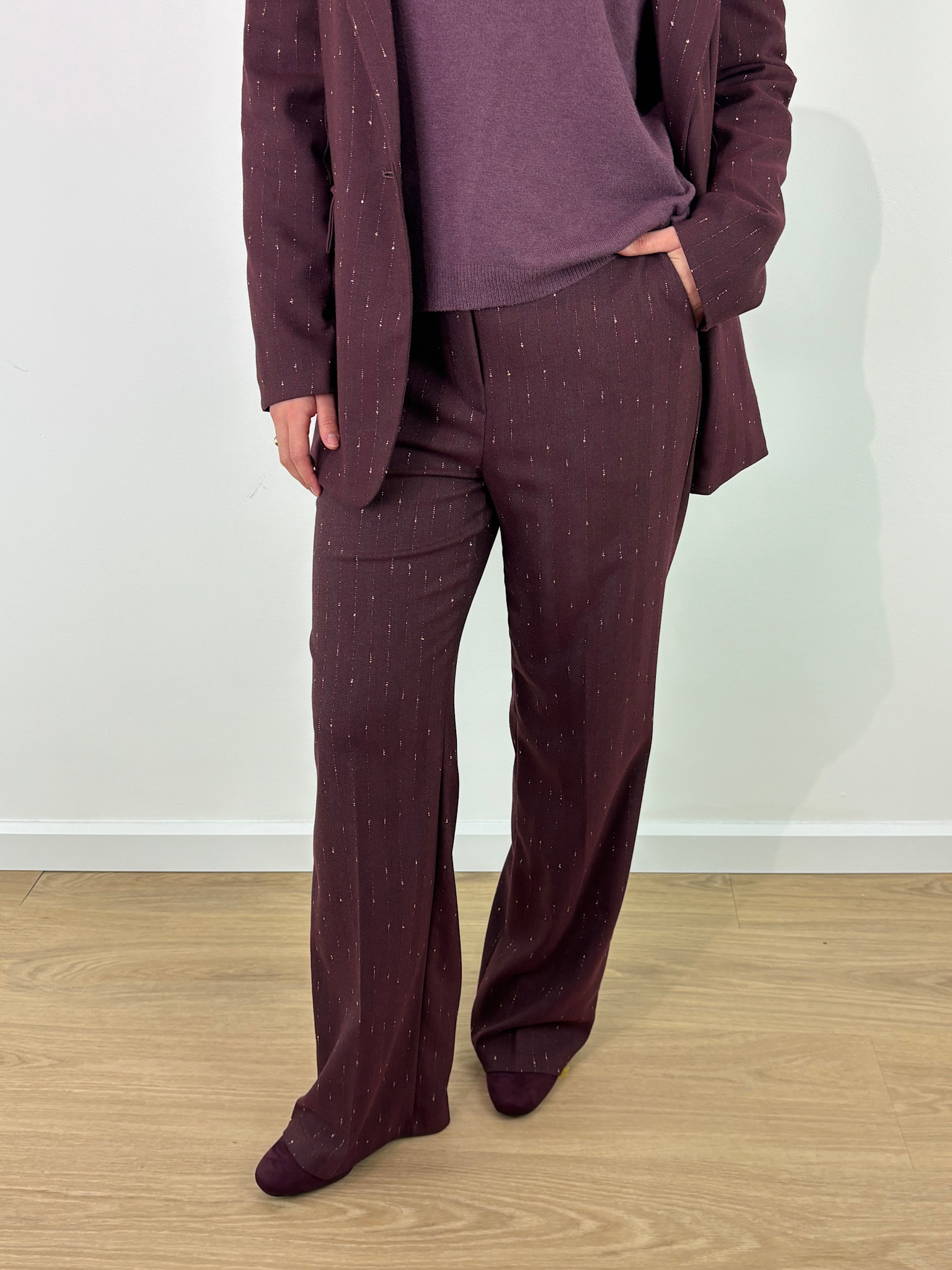 Prace lurex bouclé pinestripe trousser Burgundy-1