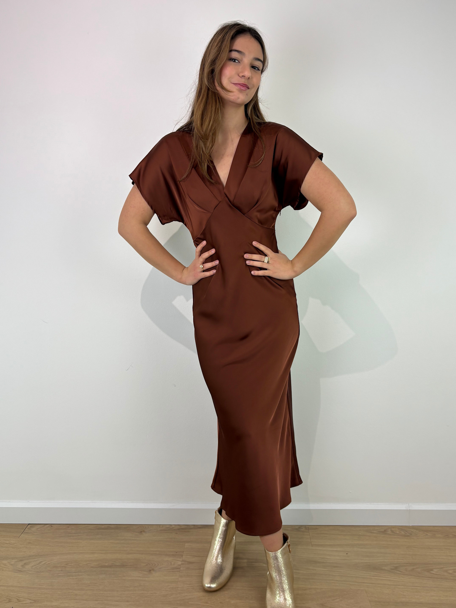 Evelyn satin midi dress Marron Brown-1