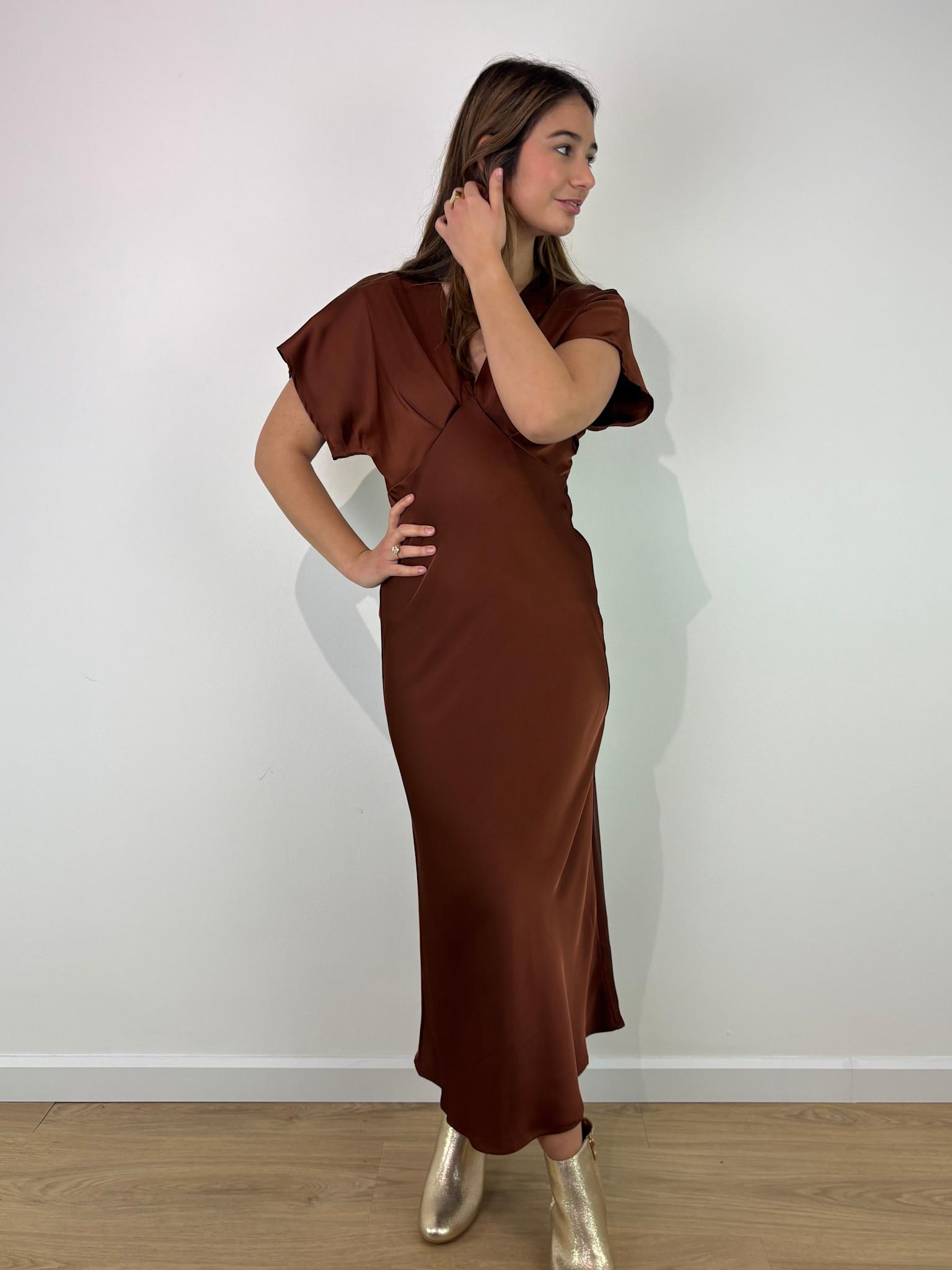 Evelyn satin midi dress Marron Brown-5