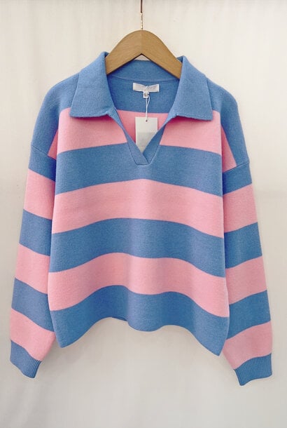 Thomas viscose stripped polo knit Blue/Pink