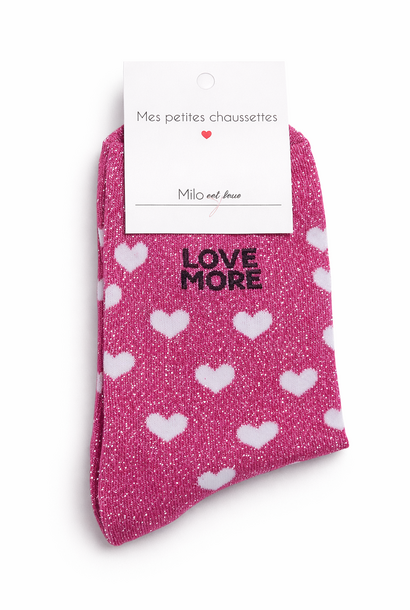 'Love More' sparkle socks Fushia