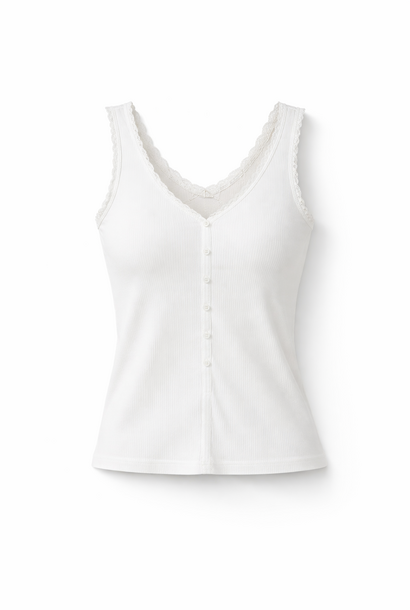 Elisa viscose rib button-up fine lace tanktop White